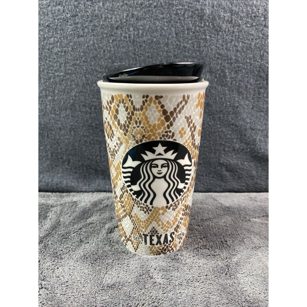 Starbucks Ceramic 12oz Tumbler Travel Mug 2015 Texas Snake Skin Pattern w/Lid